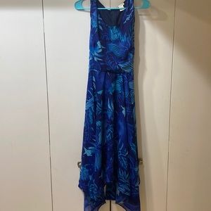 Just Class Blue Tropical Palm Design Dress with Asymmetrical Hem Fully Lined